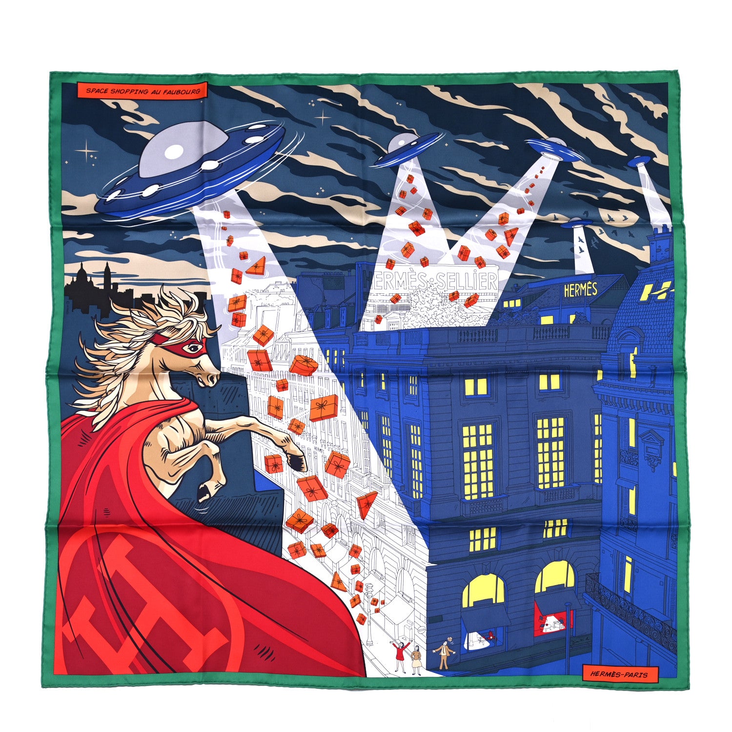 Hermes Silk Space Shopping Au Faubourg Scarf 90 Bleu Vert Rouge 1 of 8