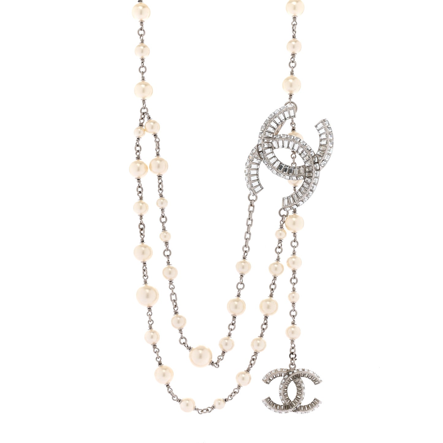 Pearl Baguette Crystal CC Long Necklace Silver