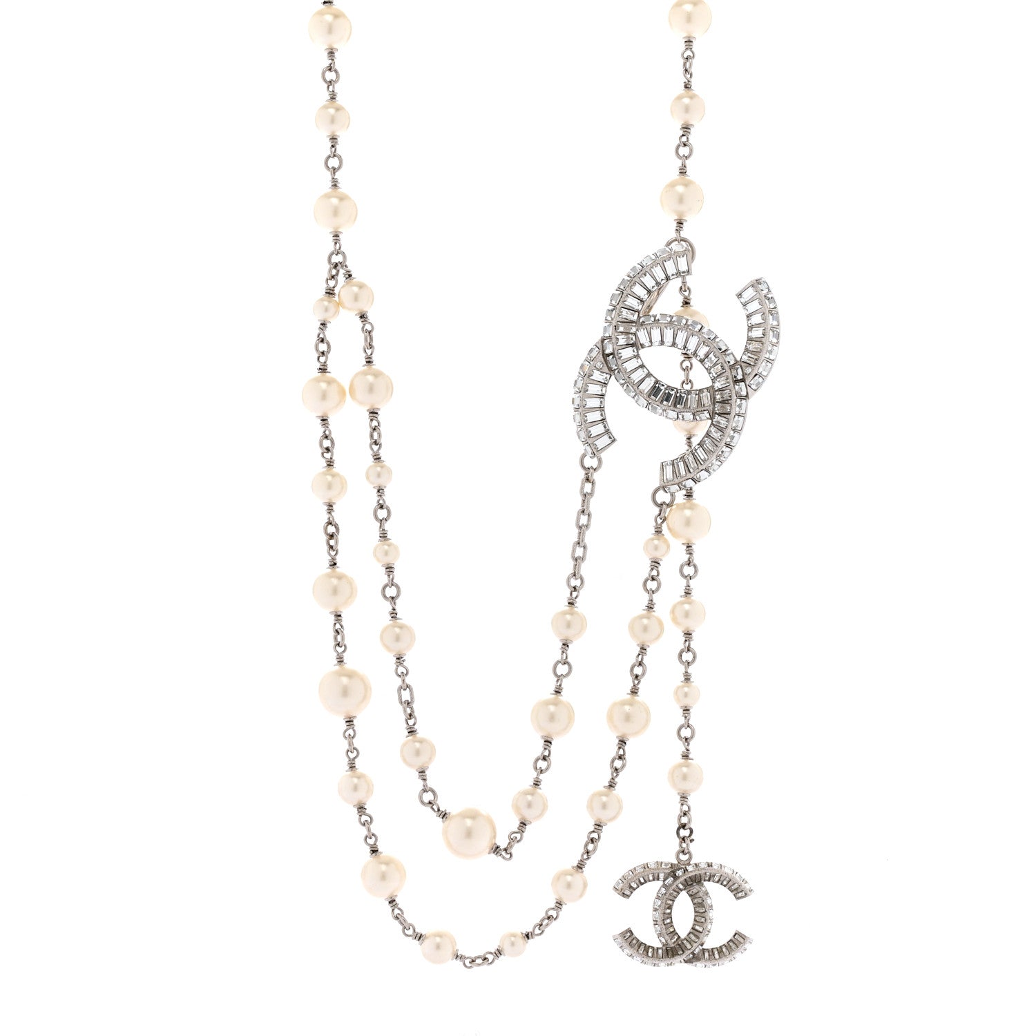 Chanel Pearl Baguette Crystal CC Long Necklace Silver 1 of 6