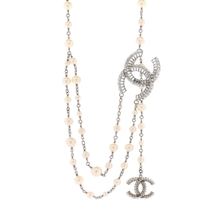 Chanel Pearl Baguette Crystal CC Long Necklace Silver 1 of 6