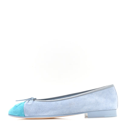 Chanel Suede Calfskin Cap Toe CC Ballerina Flats 37 Light Blue Turquoise 1 of 9