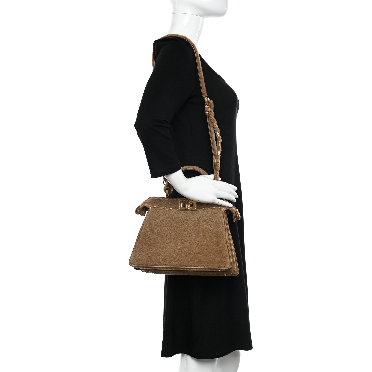 Fendi Curly Shearling Shiny Nappa Small Peekaboo I SEE U Satchel Camel 2 of 9
