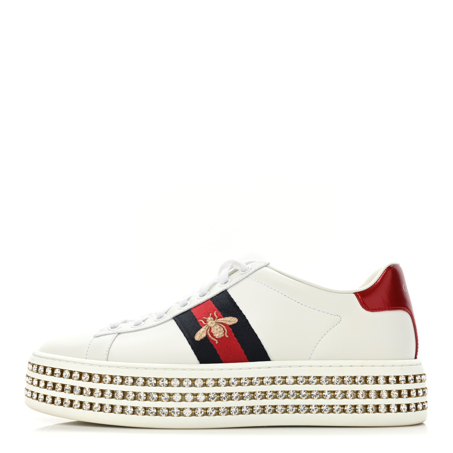 Gucci Calfskin Crystal Web Bee Embroidered Womens Ace Platform Sneakers 37 White 1 of 10