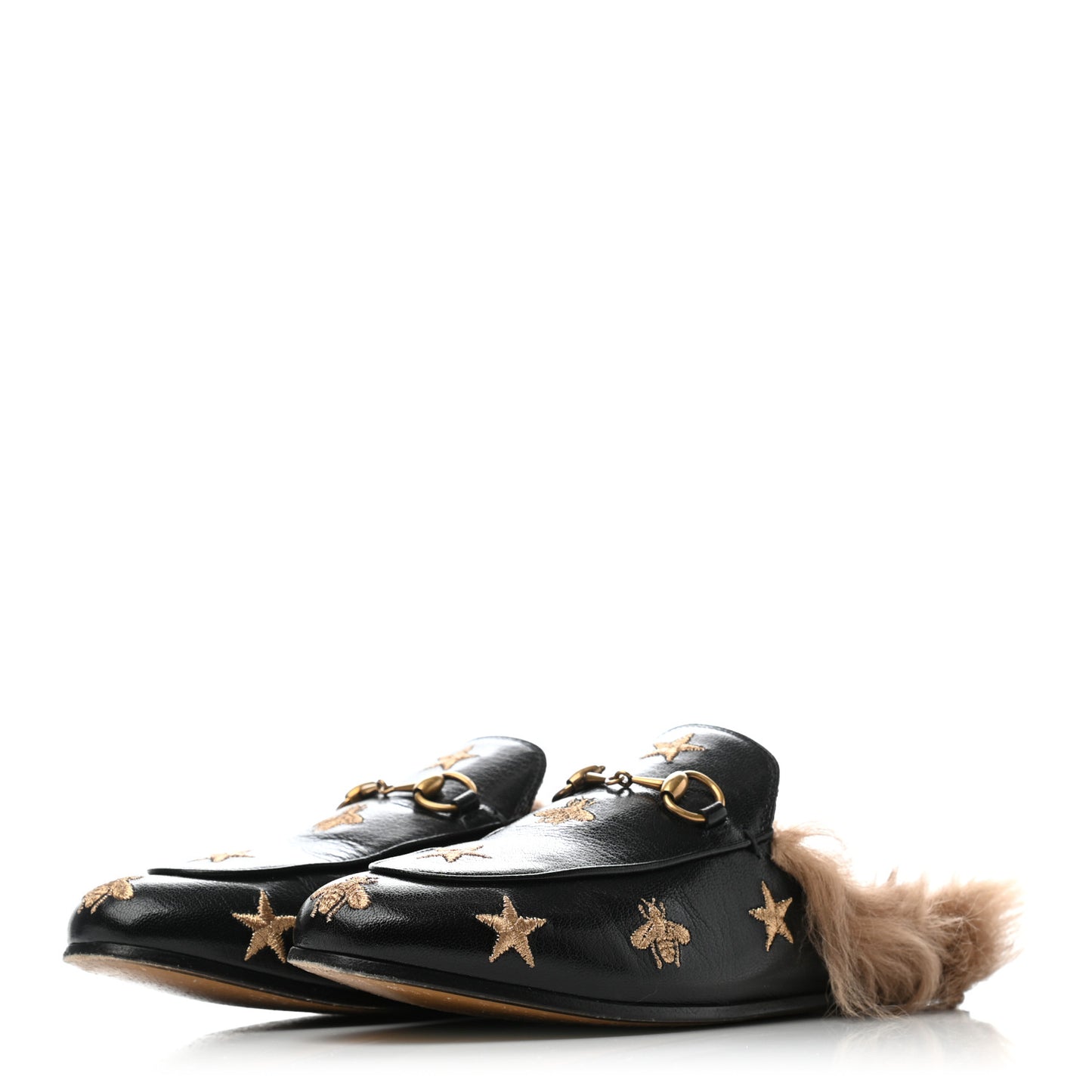 Goatskin Fur Bee Star Embroidered Womens Princetown Slippers 37.5 Black