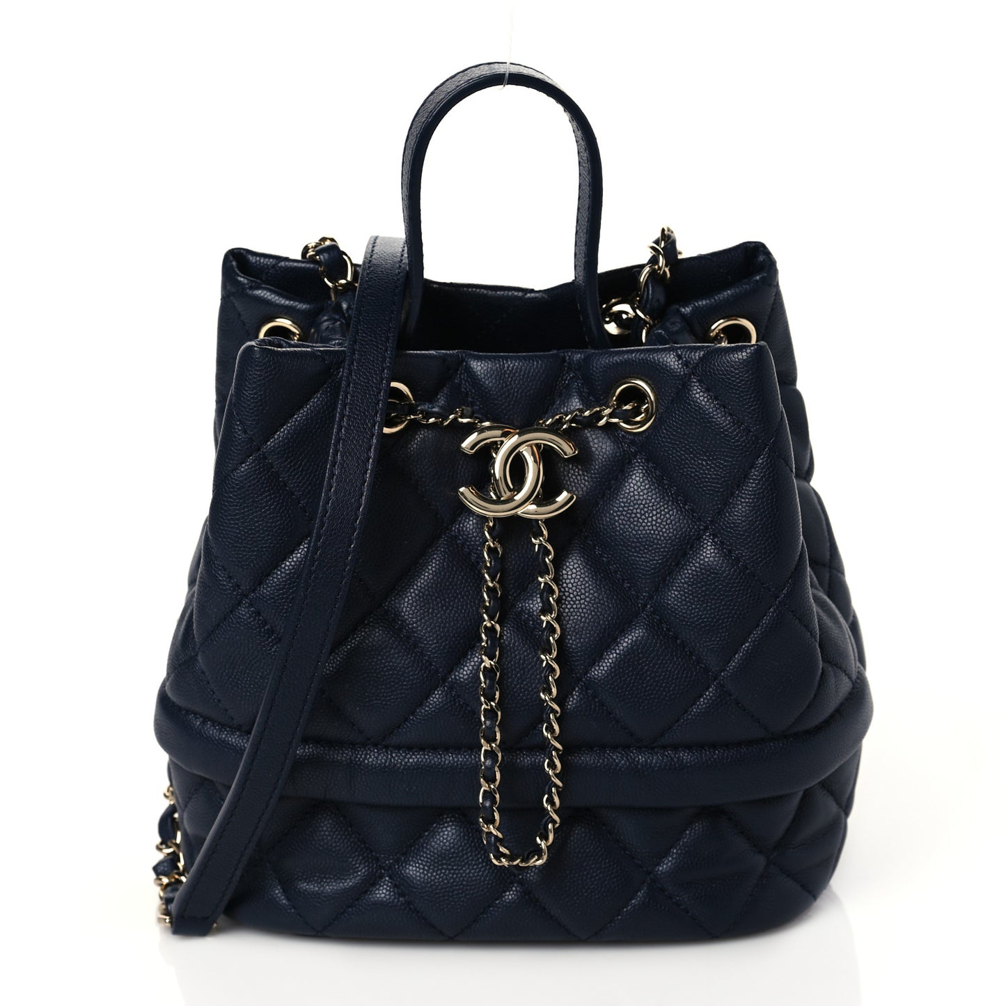 Caviar Quilted Rolled Up Bucket Drawstring Bag Navy