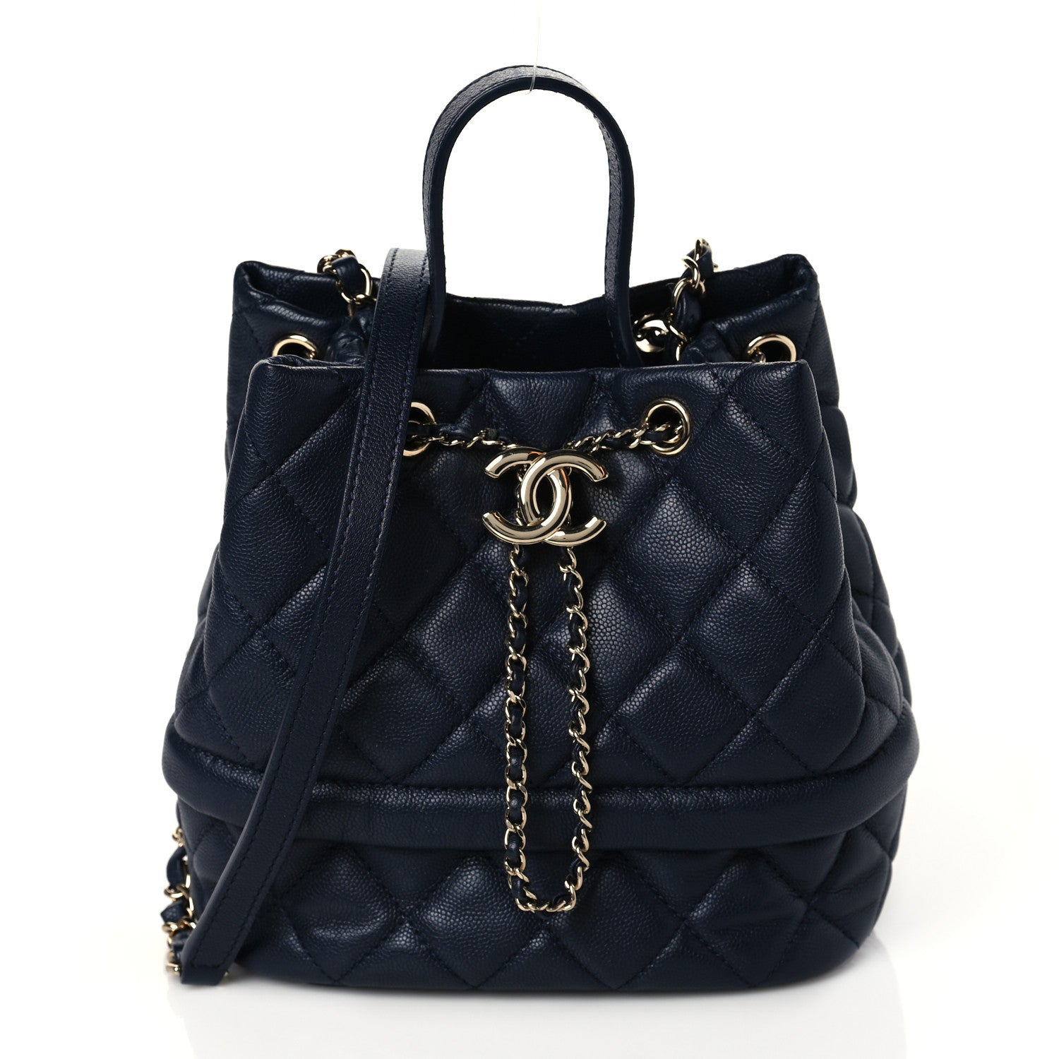 Chanel Caviar Quilted Rolled Up Bucket Drawstring Bag Navy 1 of 10