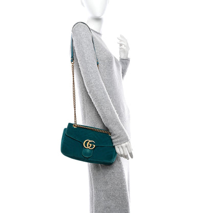 Gucci Velvet Matelasse Small GG Marmont Shoulder Bag Pavone Cyan 2 of 11