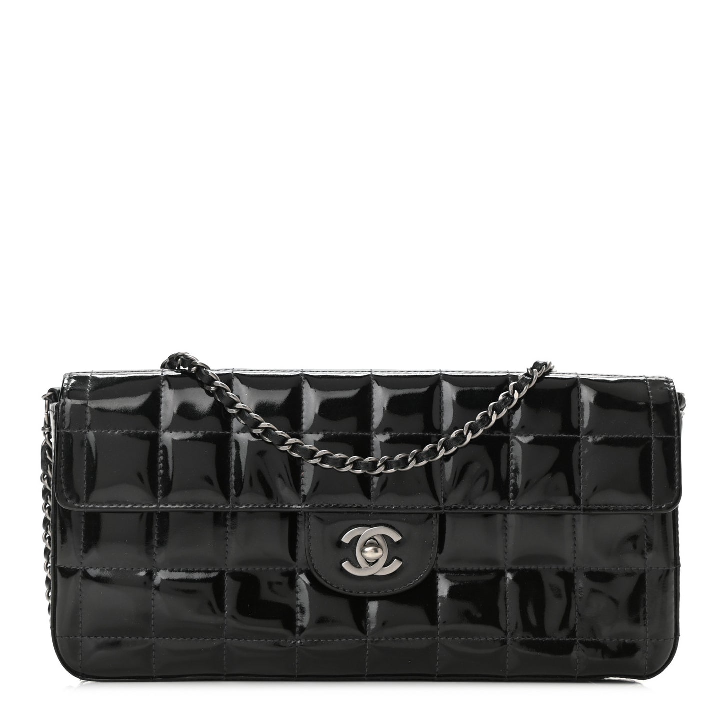 Patent Quilted East West Chocolate Bar Flap Black