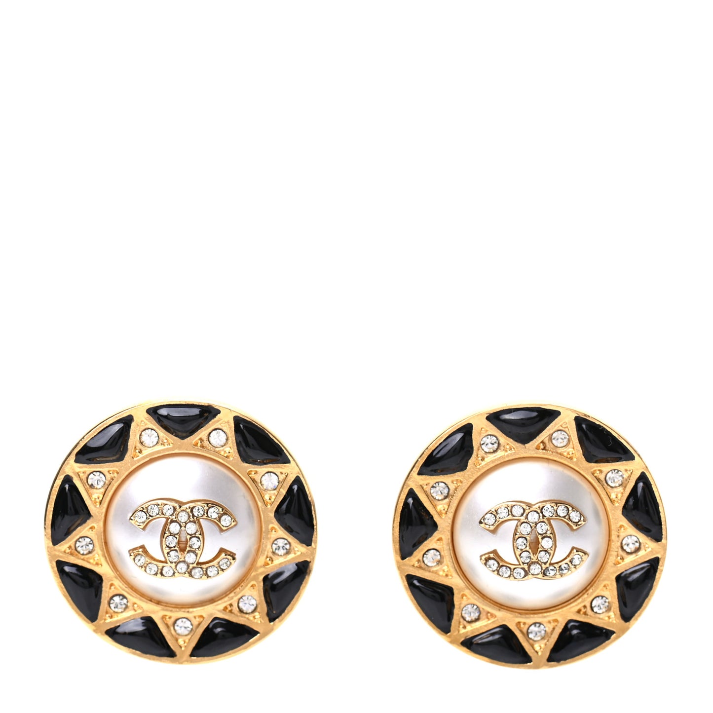 Pearl Crystal CC Round Earrings Gold Black