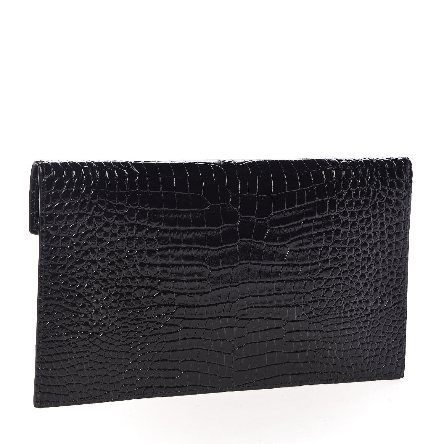 Saint Laurent Calfskin Crocodile Embossed Uptown Monogram Clutch Black 3 of 7