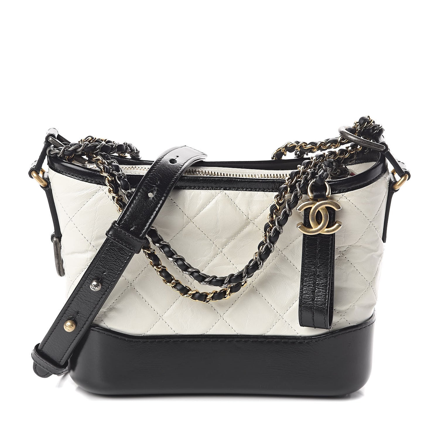 Aged Calfskin Quilted Small Gabrielle Hobo Black White