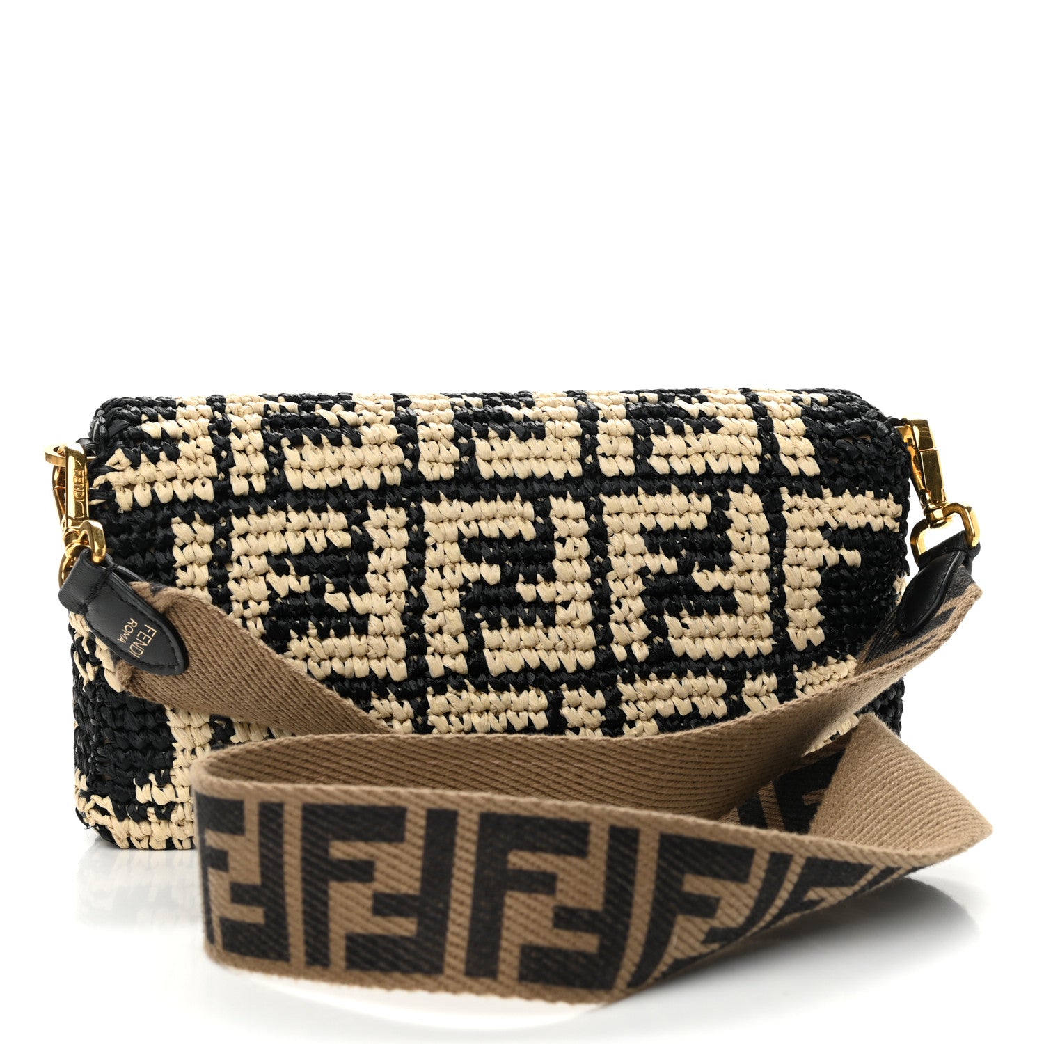 Fendi Raffia Vitello Dolce FF 1974 Crochet Baguette Black Natural 3 of 10