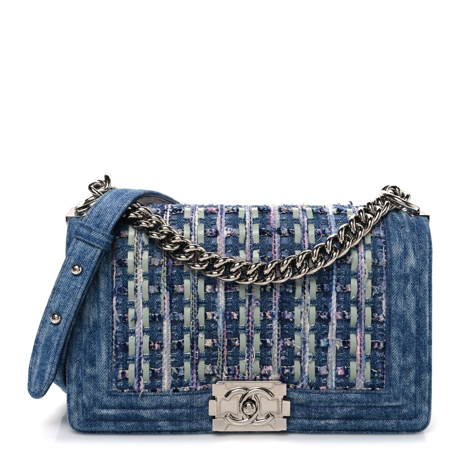 Chanel Cotton Tweed Denim Medium Boy Flap Light Green Light Blue 1 of 11