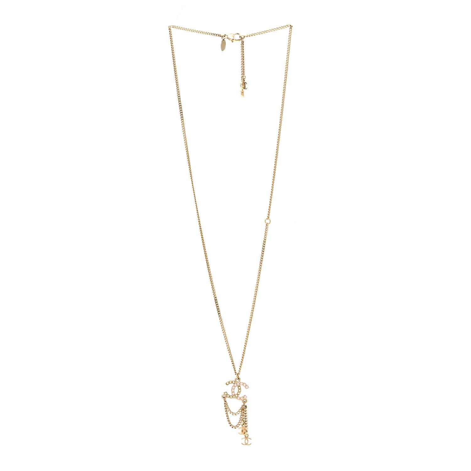 Chanel Pearl Crystal CC Chain Necklace Gold Pink 3 of 5