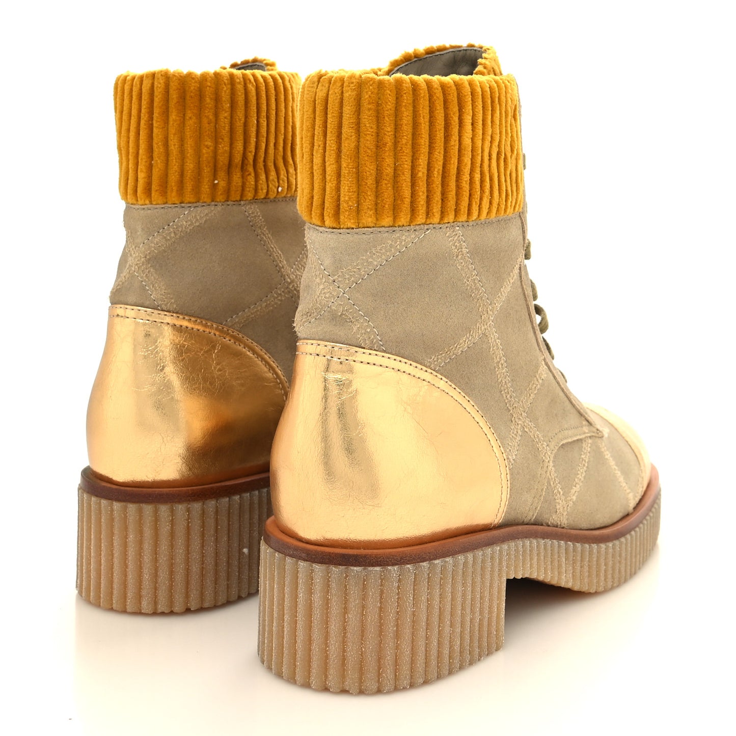Suede Calfskin Velvet Laminated Quilted CC Combat Boots 39.5 Beige Yellow Gold