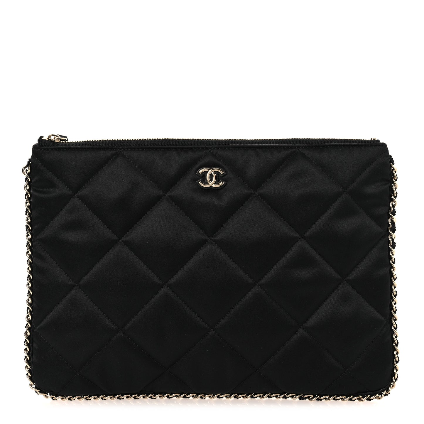 Satin Quilted Chain Around Medium Cosmetic Case Black