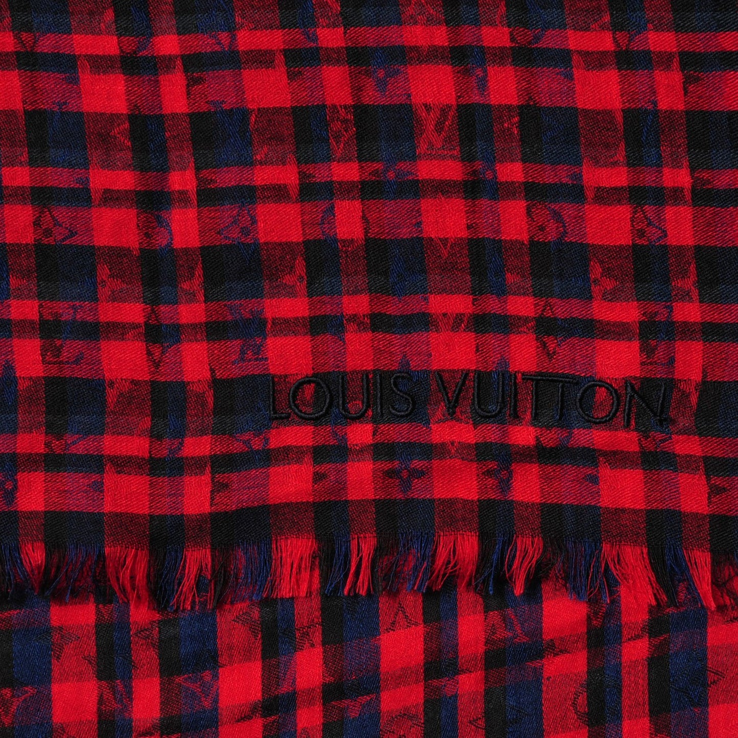 Cashmere Wool Etole Monogram Checks Scarf Rouge