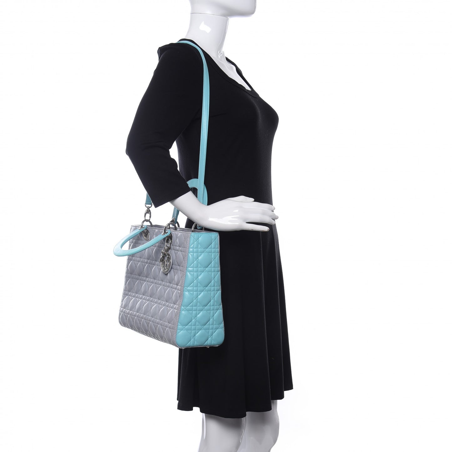 Lambskin Cannage Large Bi-Color Lady Dior Grey Turquoise