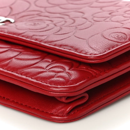 Chanel Lambskin Camellia Embossed Wallet On Chain WOC Red 11 of 19