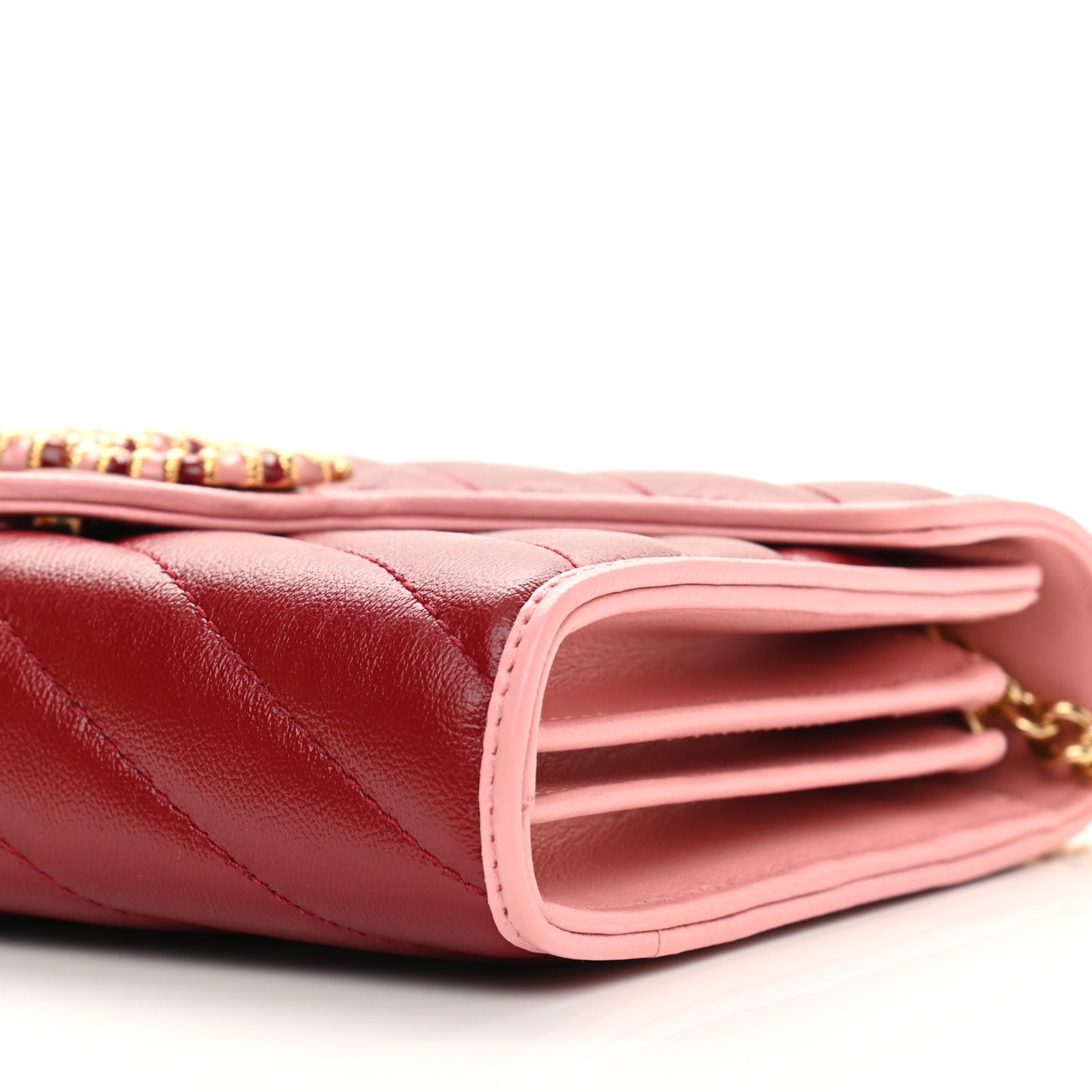 Azalea Calfskin Enamel Matelasse Diagonal Torchon GG Marmont Chain Wallet New Cherry Red Wild Rose