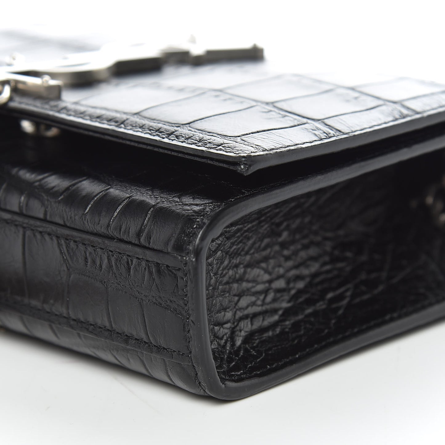 Calfskin Crocodile Embossed Small Classic Monogram Kate Tassel Satchel Black