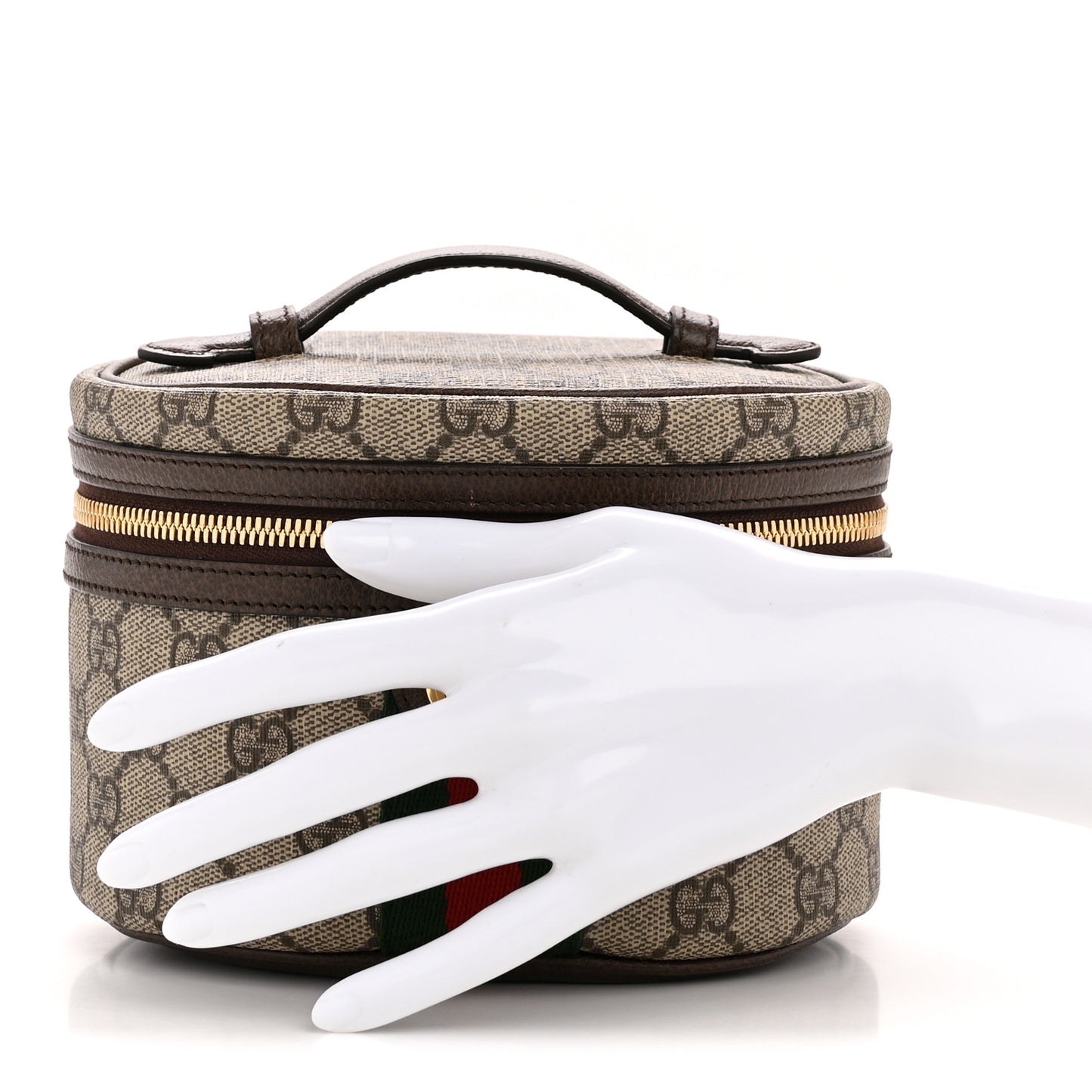 GG Supreme Monogram Textured Calfskin Web Ophidia Vanity Cosmetic Case Beige Ebony New Acero