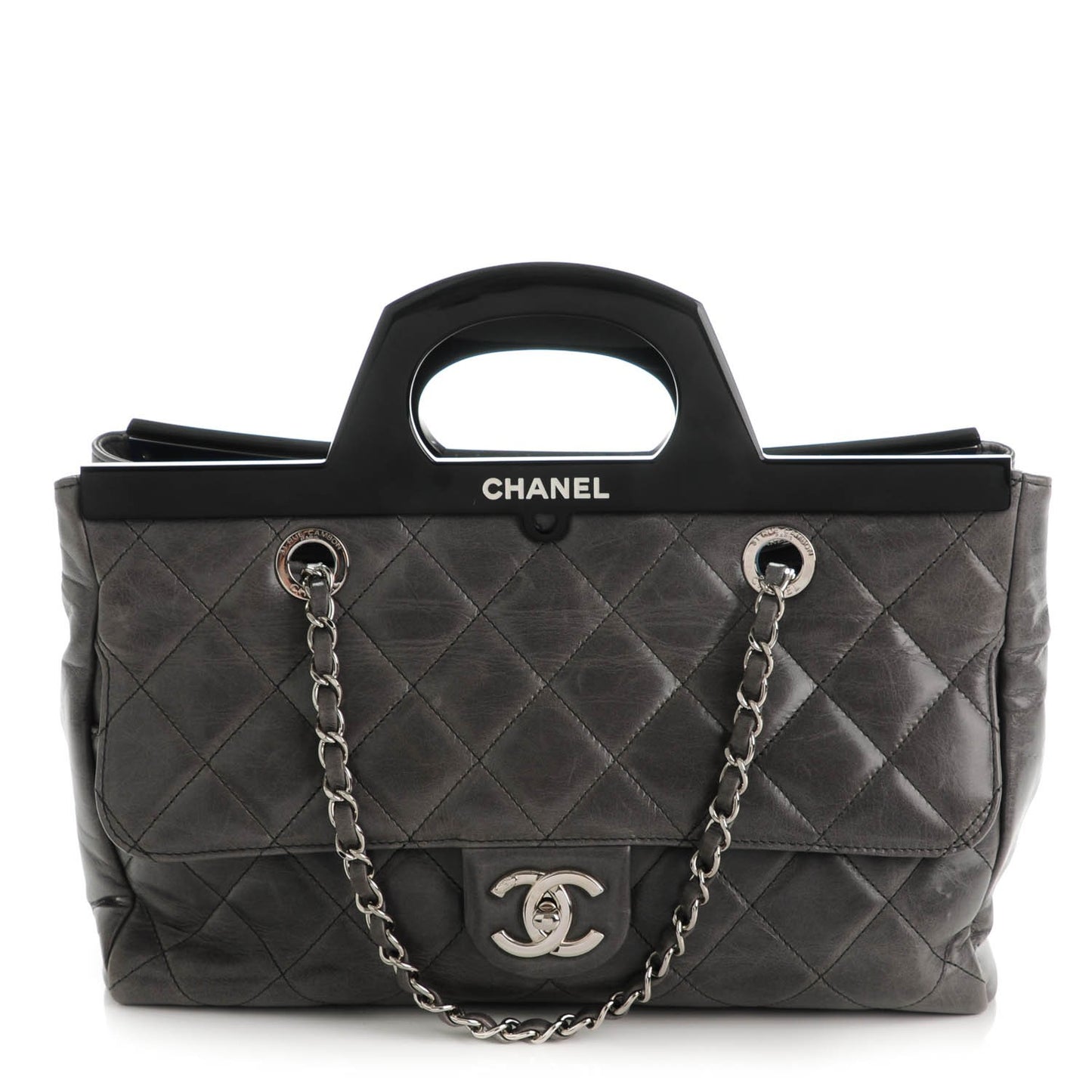 Glazed Calfskin Quilted Small CC Delivery Tote Grey