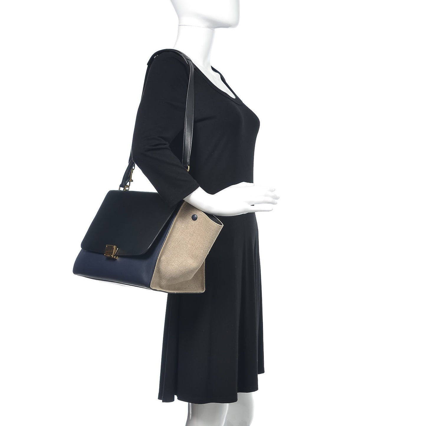 Smooth Calfskin Linen Medium Tri-Color Trapeze Navy Blue