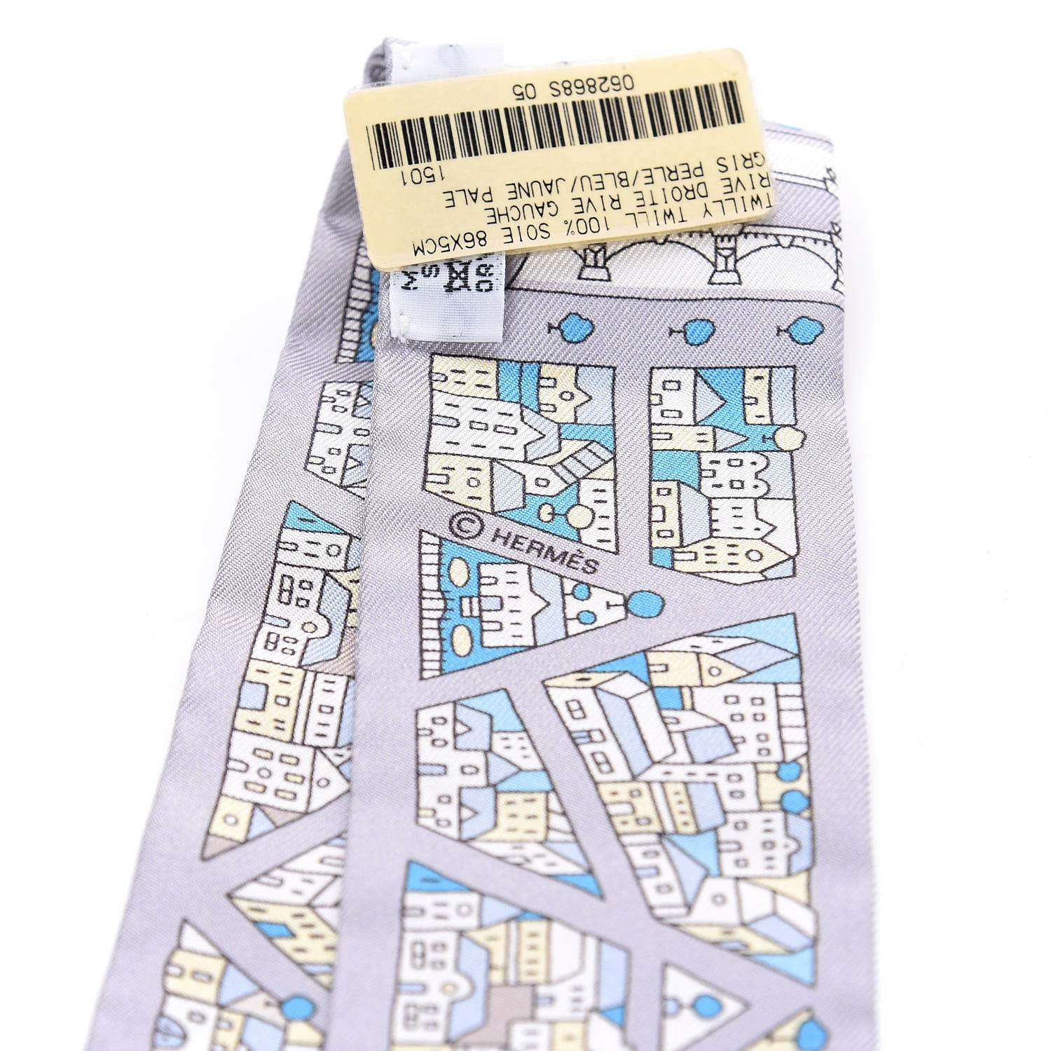 Hermes Silk Rive Droite Rive Gauche Twilly Gris Perle Bleu Jaune Pale 4 of 4