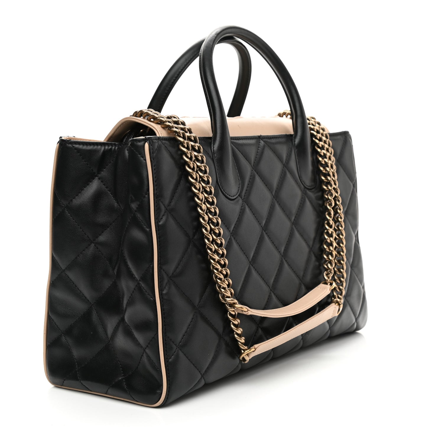 Lambskin Quilted Small Portobello Tote Black Beige