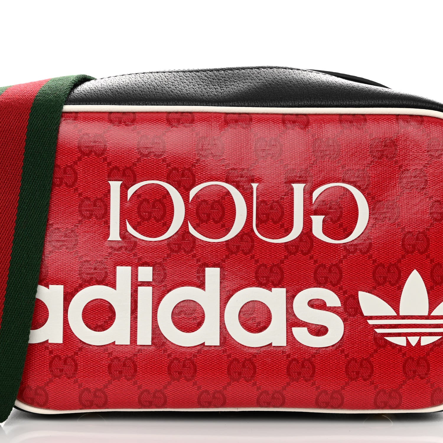 Gucci X ADIDAS Crystal Vintage Monogram Textured Dollar Calfskin Web Trefoil Logo Small Messenger Bag Hibiscus Red Off White Black 7 of 9