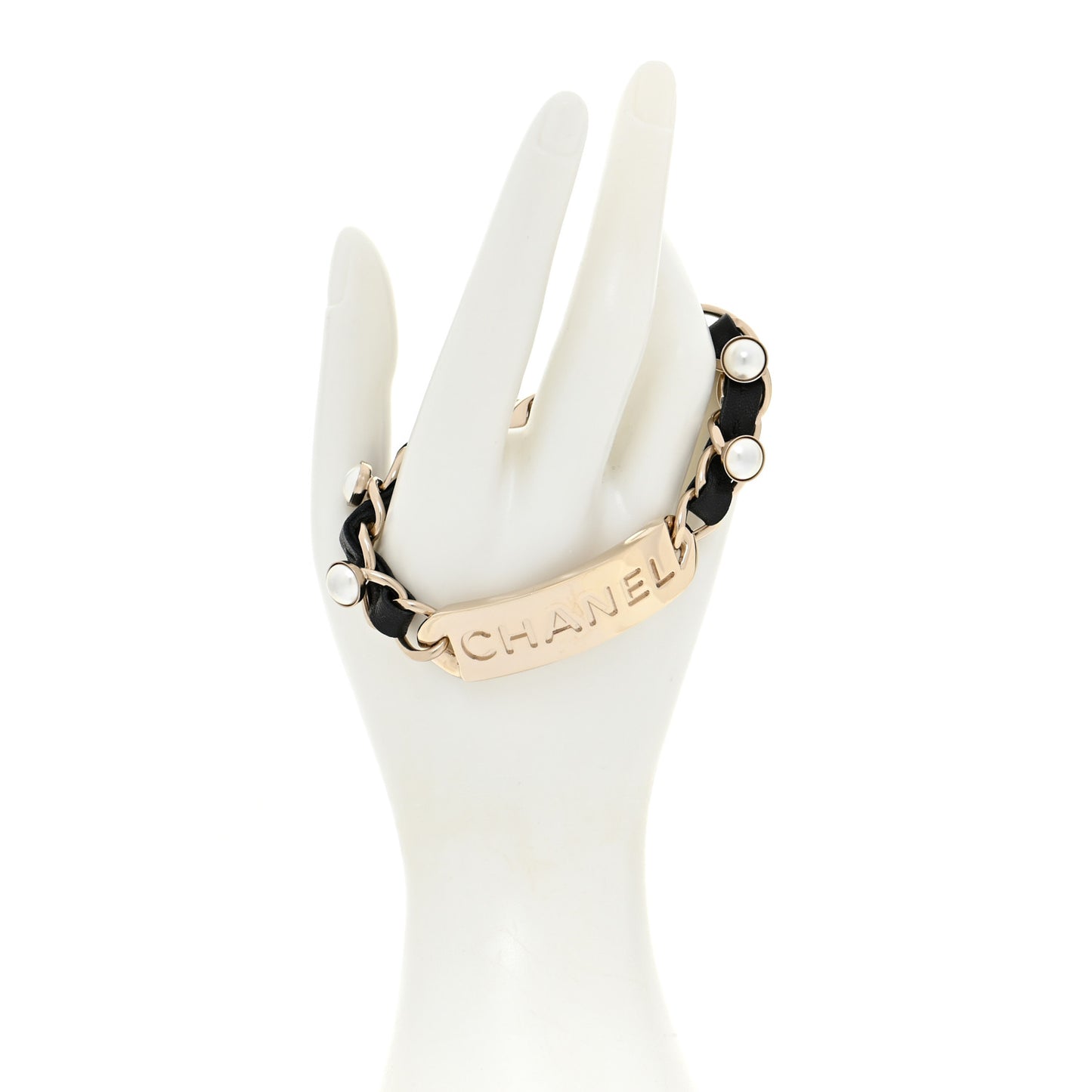 Metal Lambskin Pearl Name Plate Bracelet Black Gold