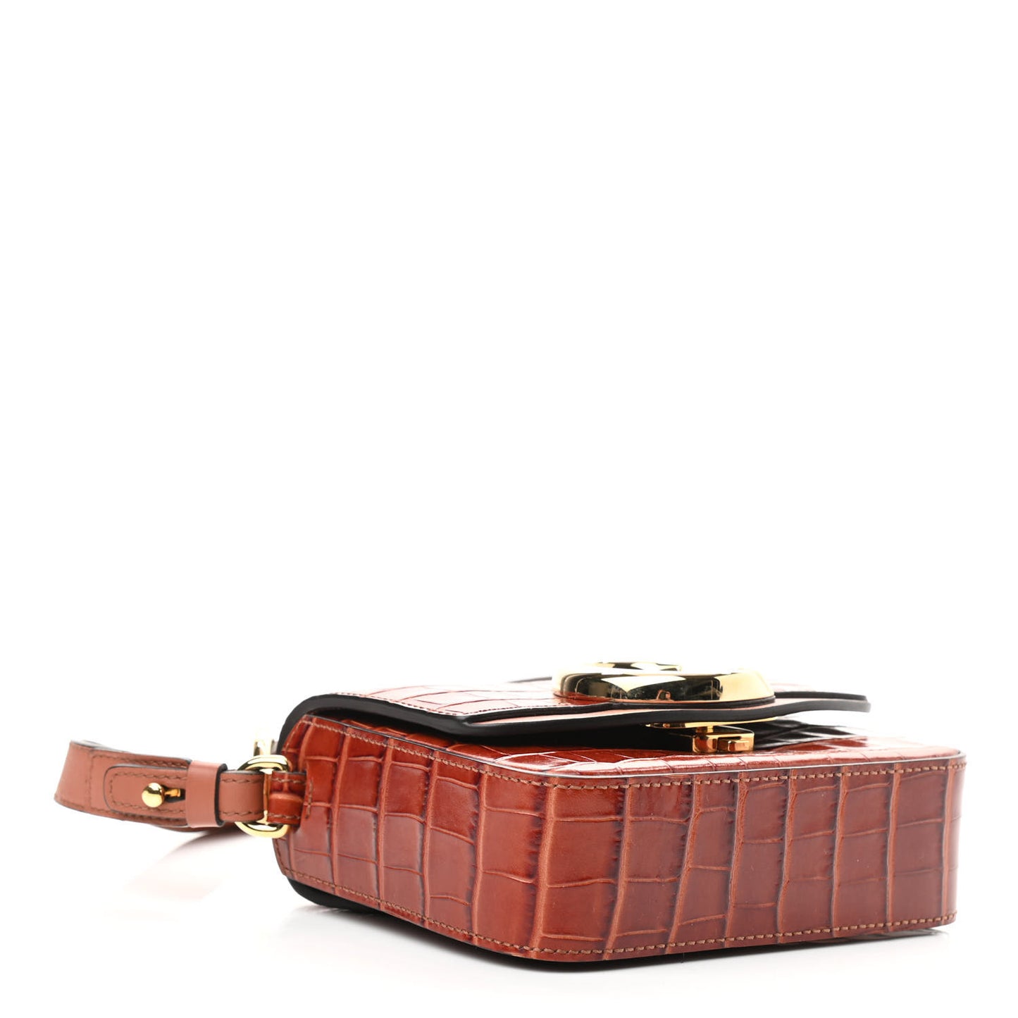 Calfskin Crocodile Embossed Mini C Double Carry Chestnut Brown