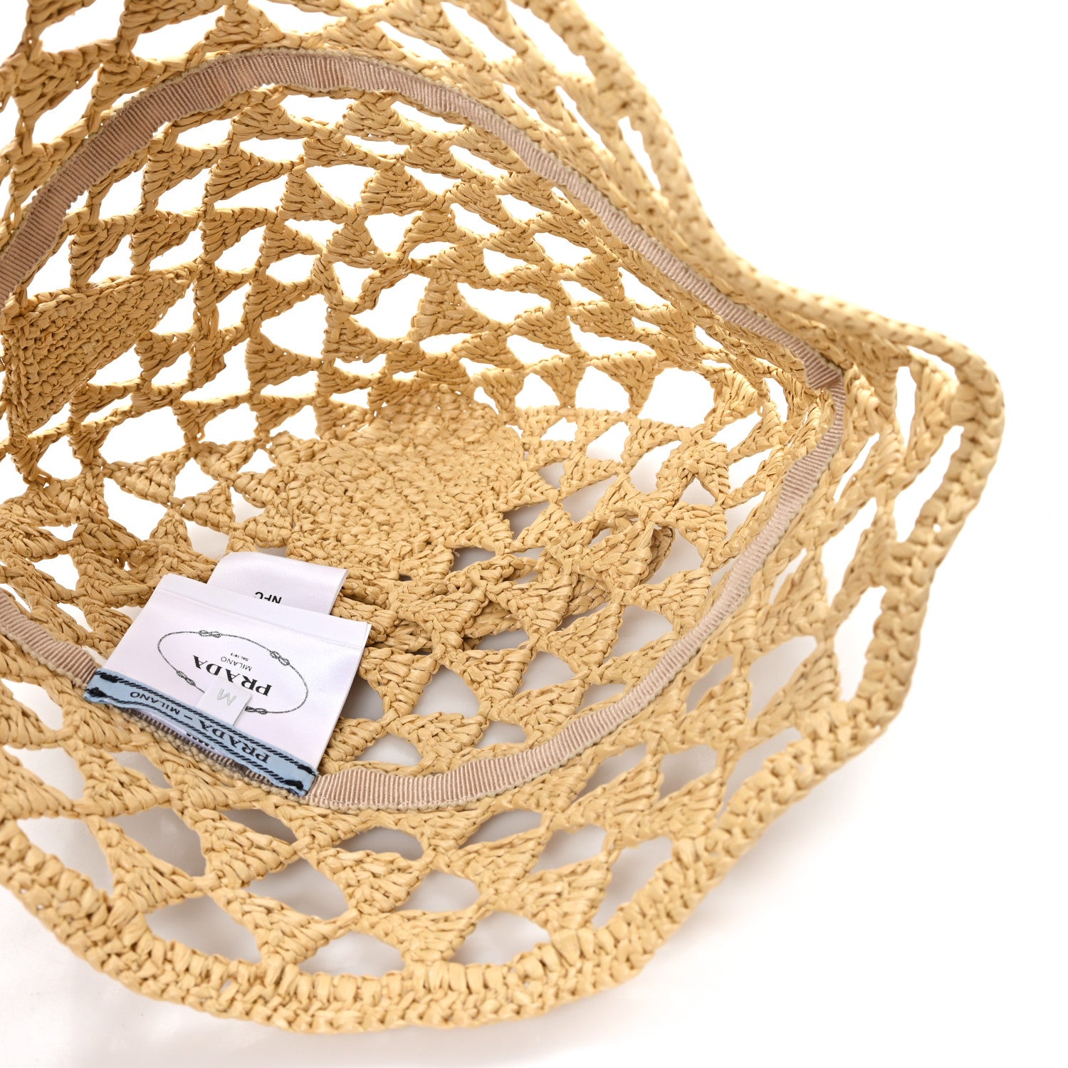 Prada Raffia Effect Crochet Logo Embroidered Bucket Hat M Naturale 7 of 9