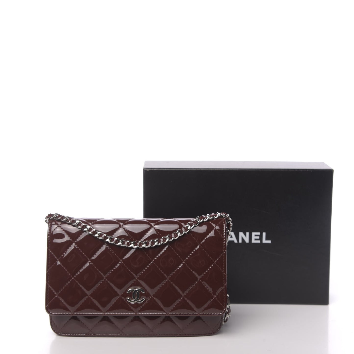 Patent Quilted Wallet On Chain WOC Dark Red