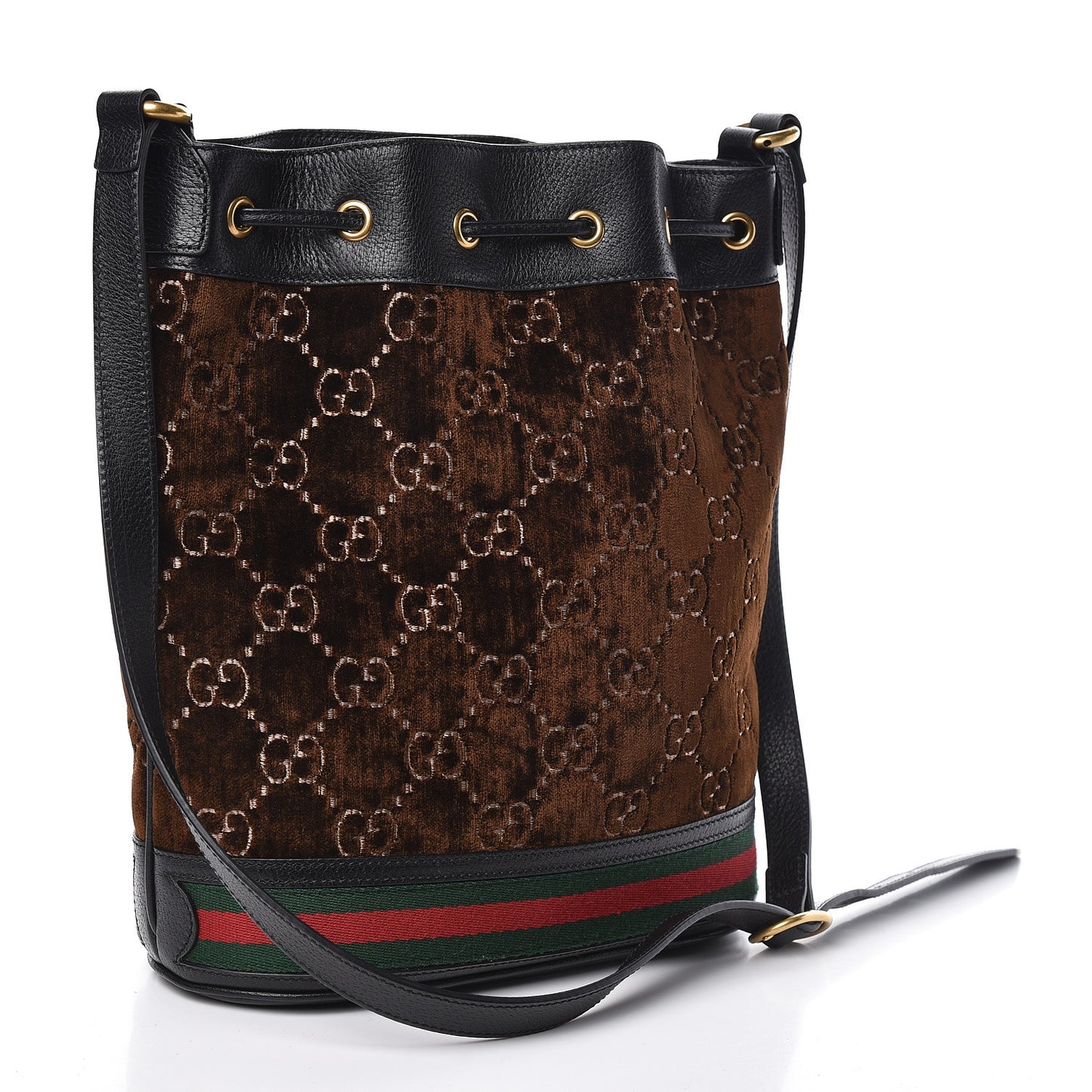 Velvet GG Monogram Textured Calfskin Web Bucket Bag Brown Black