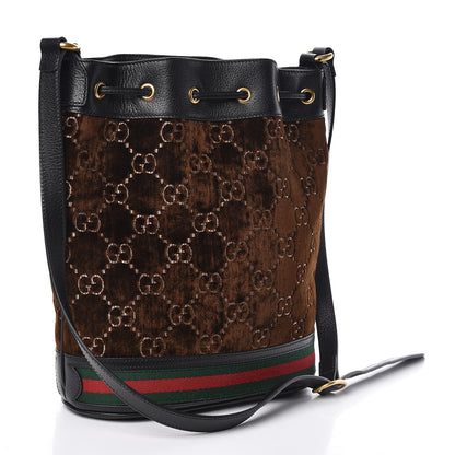 Gucci Velvet GG Monogram Textured Calfskin Web Bucket Bag Brown Black 3 of 10