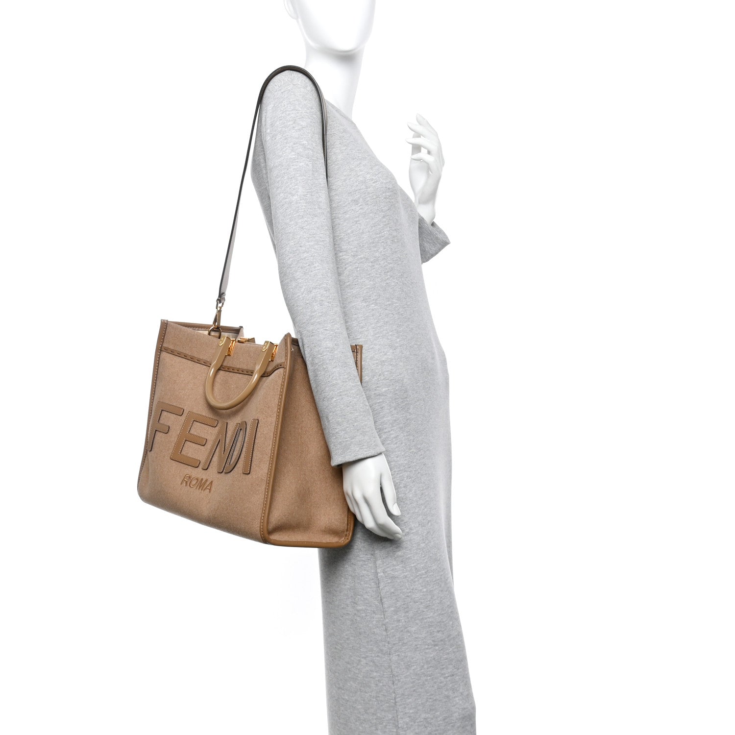 Fendi Flannel Vitello King Wool Plexiglass FF Logo Embroidered Medium Fendi Sunshine Shopper Tote Brown 2 of 9
