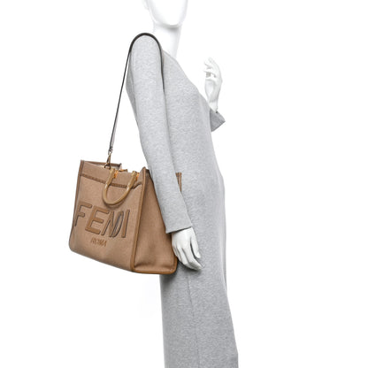 Fendi Flannel Vitello King Wool Plexiglass FF Logo Embroidered Medium Fendi Sunshine Shopper Tote Brown 2 of 9