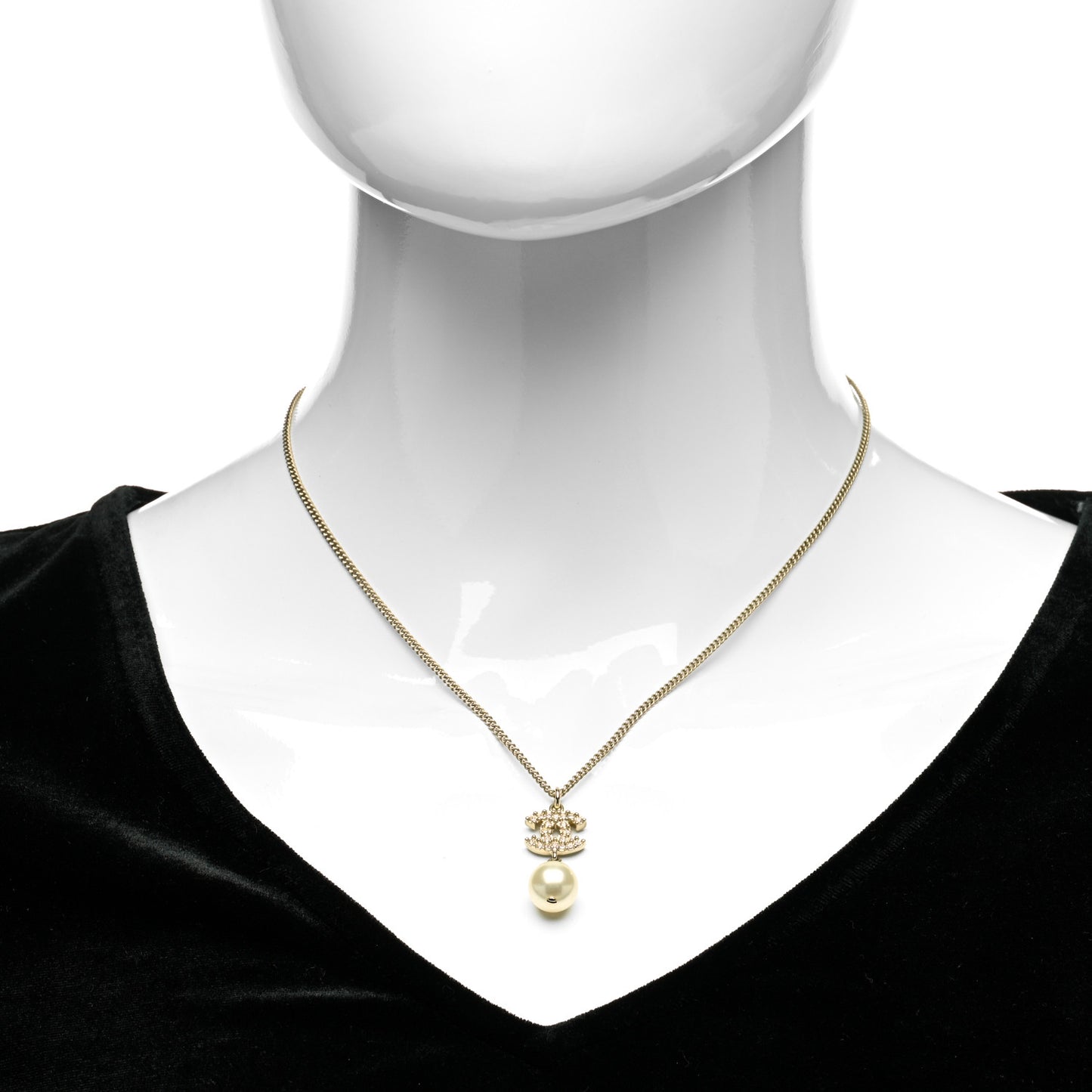 Pearl Crystal CC Pendant Necklace Light Gold