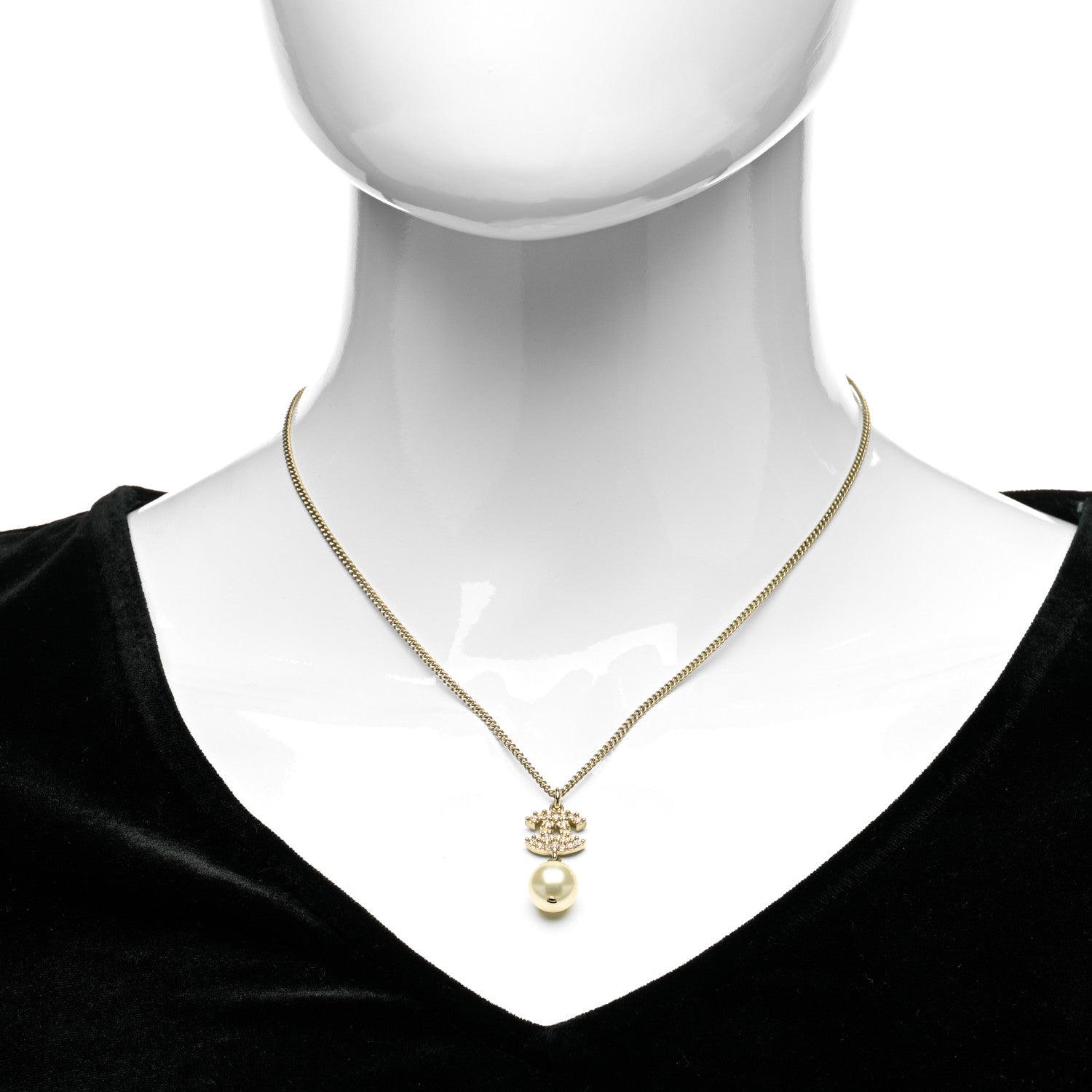 Chanel Pearl Crystal CC Pendant Necklace Light Gold 2 of 5