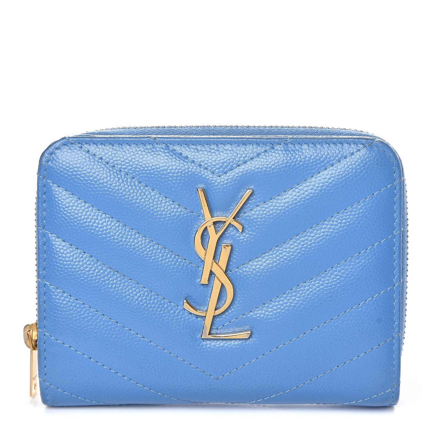 Grain De Poudre Matelasse Chevron Monogram Compact Zip Around Wallet Blue Clair