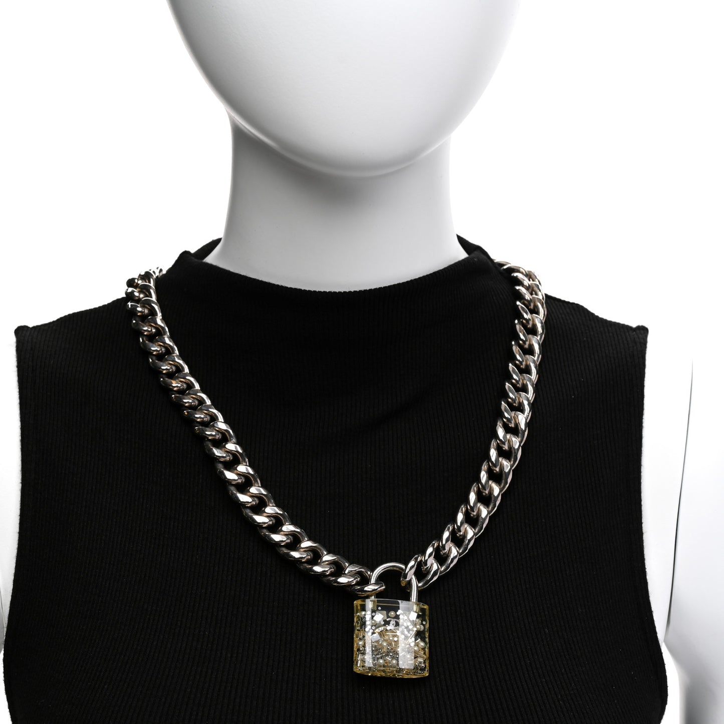 Resin CC Oversized Padlock Chain Necklace Silver Pearly White