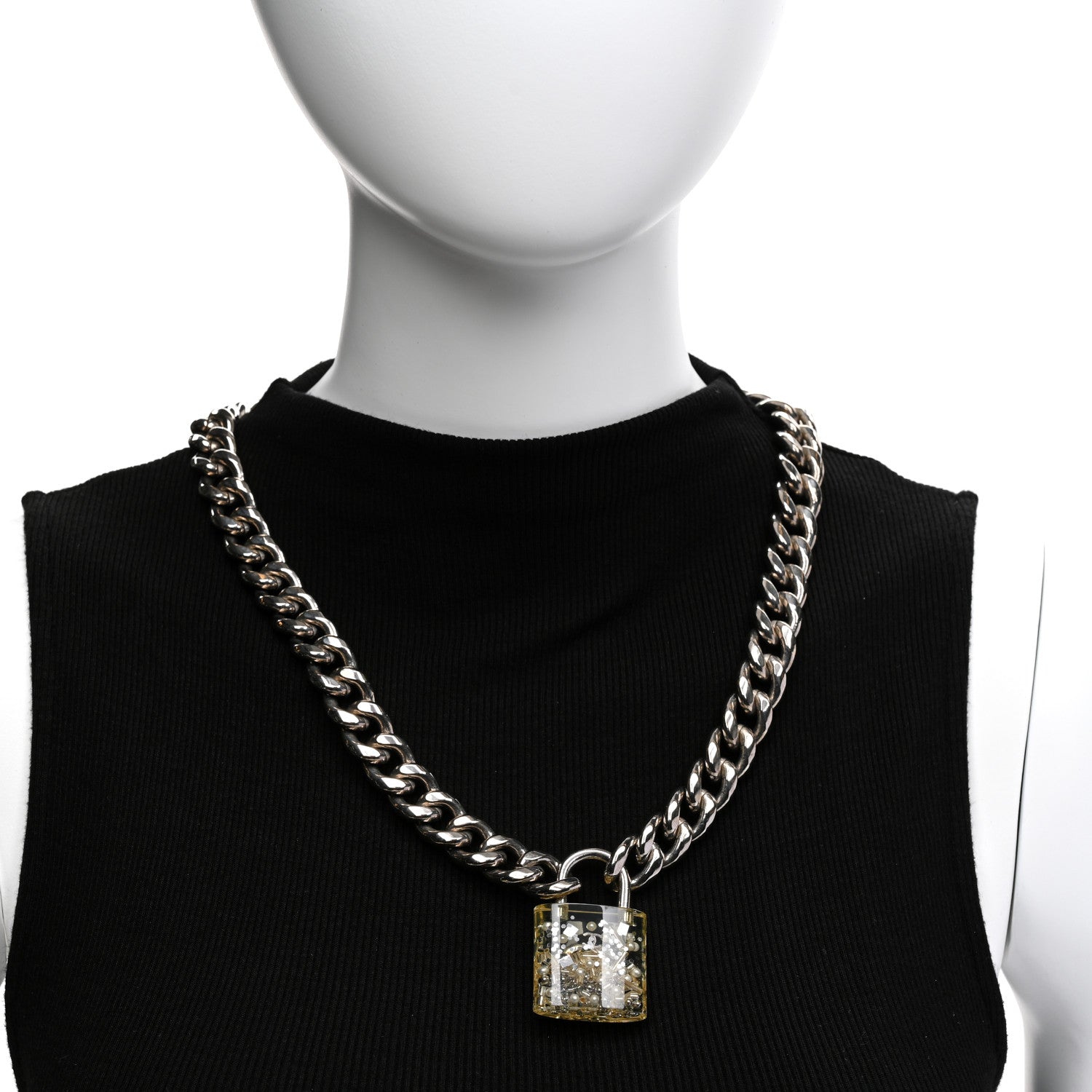Chanel Resin CC Oversized Padlock Chain Necklace Silver Pearly White 2 of 6