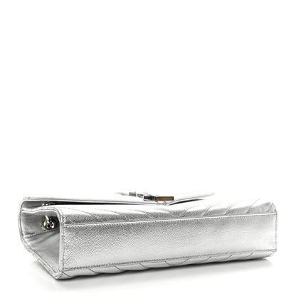 Saint Laurent Metallic Grain De Poudre Matelasse Chevron Medium Monogram Satchel Silver 4 of 10