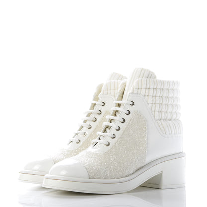 Chanel Tweed Patent Calfskin Velvet Lace Up Boots 37 White 3 of 9