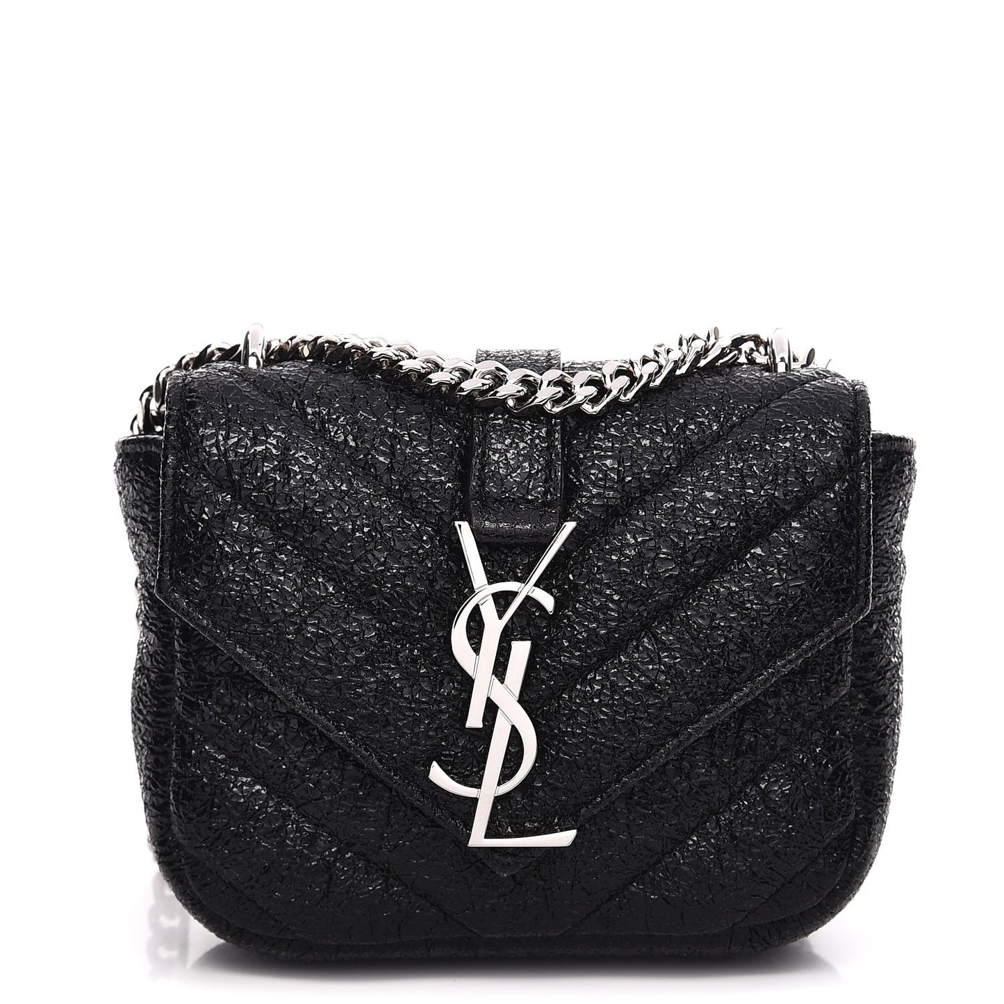 Metallic Crackled Calfskin Chevron Monogram Micro Crossbody Bag Black