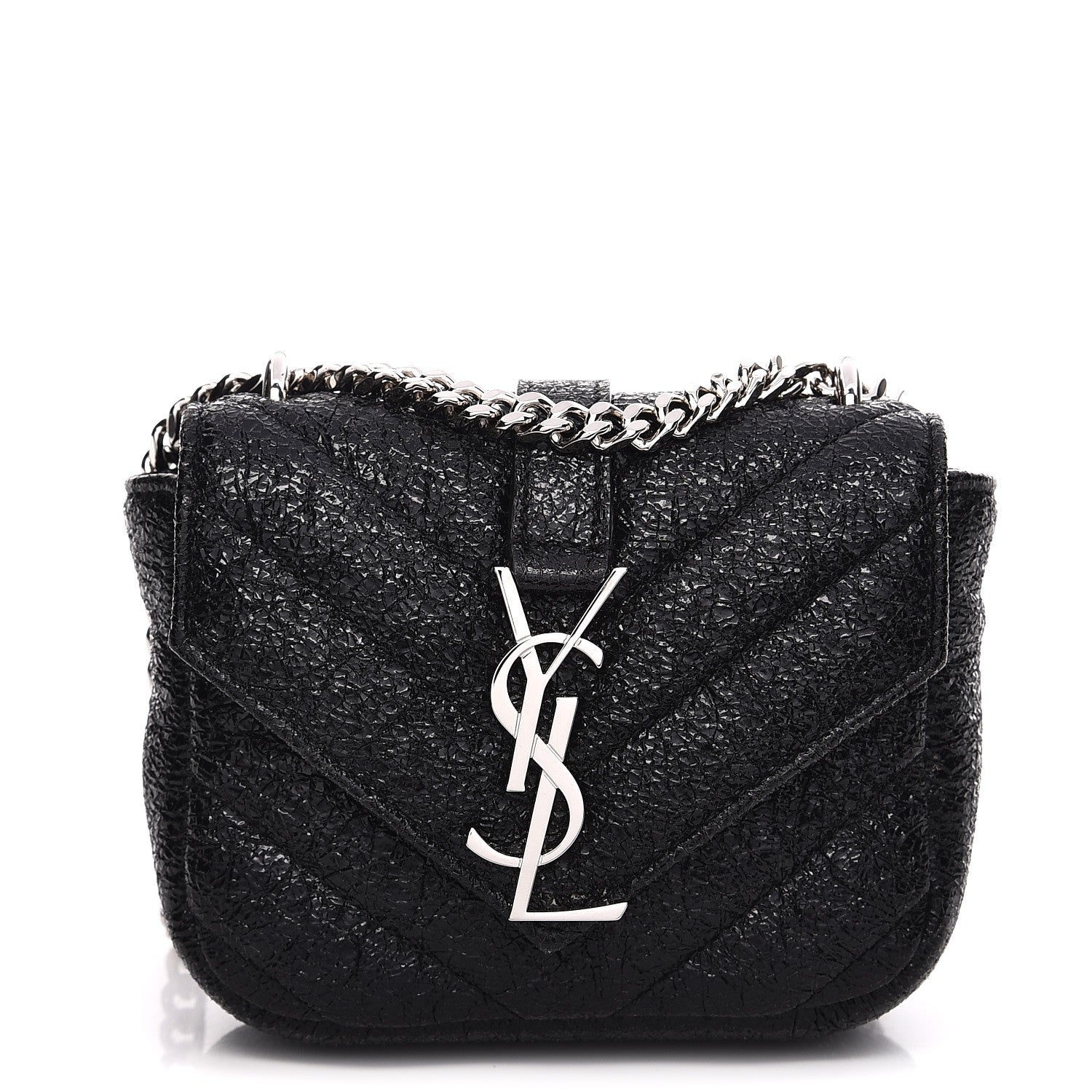 Saint Laurent Metallic Crackled Calfskin Chevron Monogram Micro Crossbody Bag Black 1 of 7