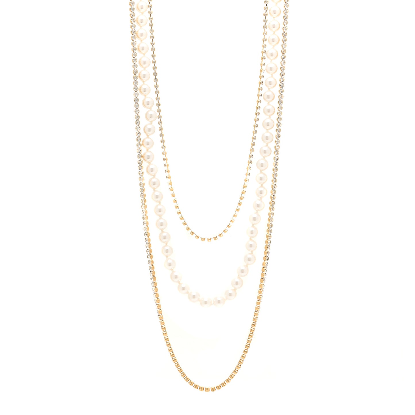 Pearl Crystal Multi Strand CC Long Necklace Gold