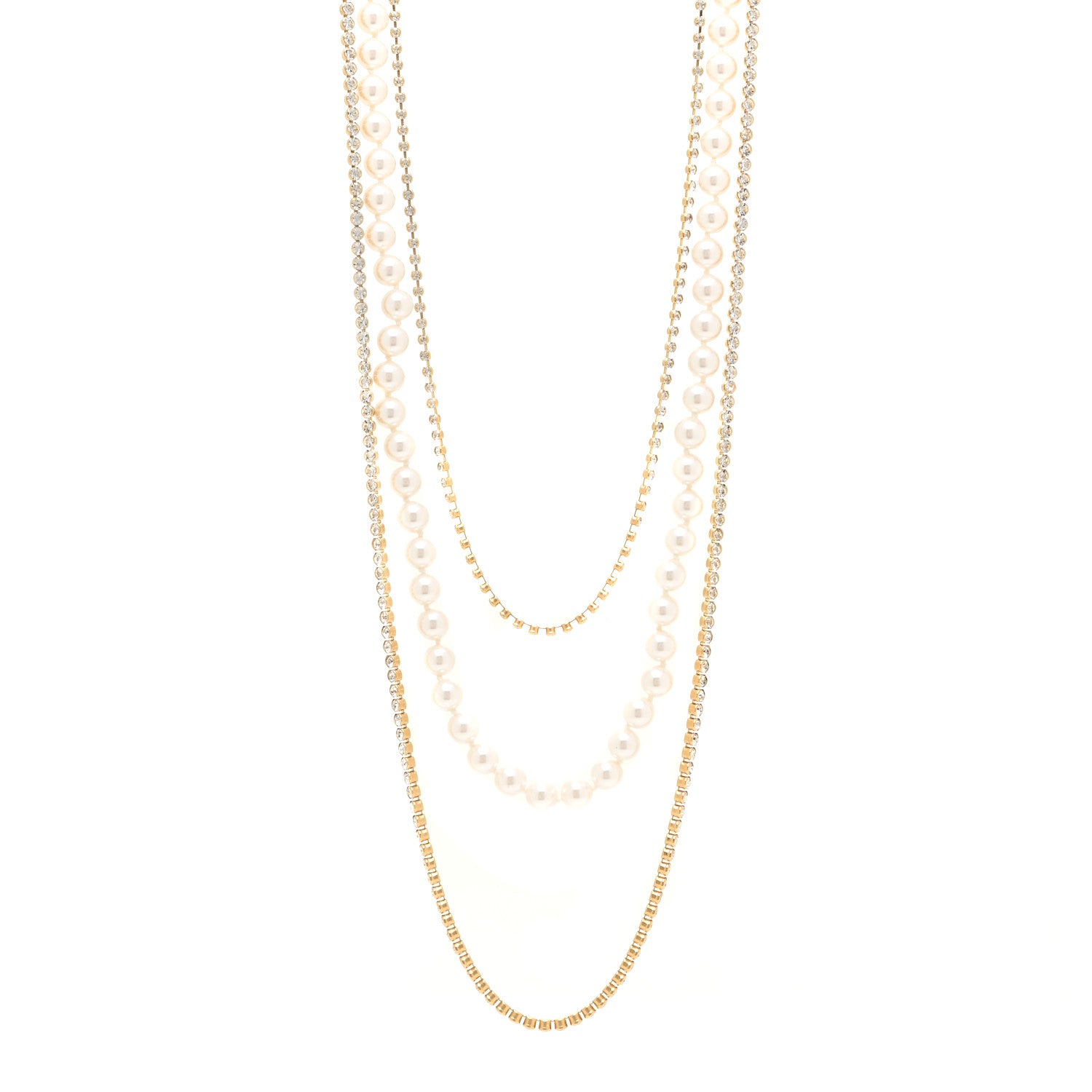 Chanel Pearl Crystal Multi Strand CC Long Necklace Gold 1 of 4